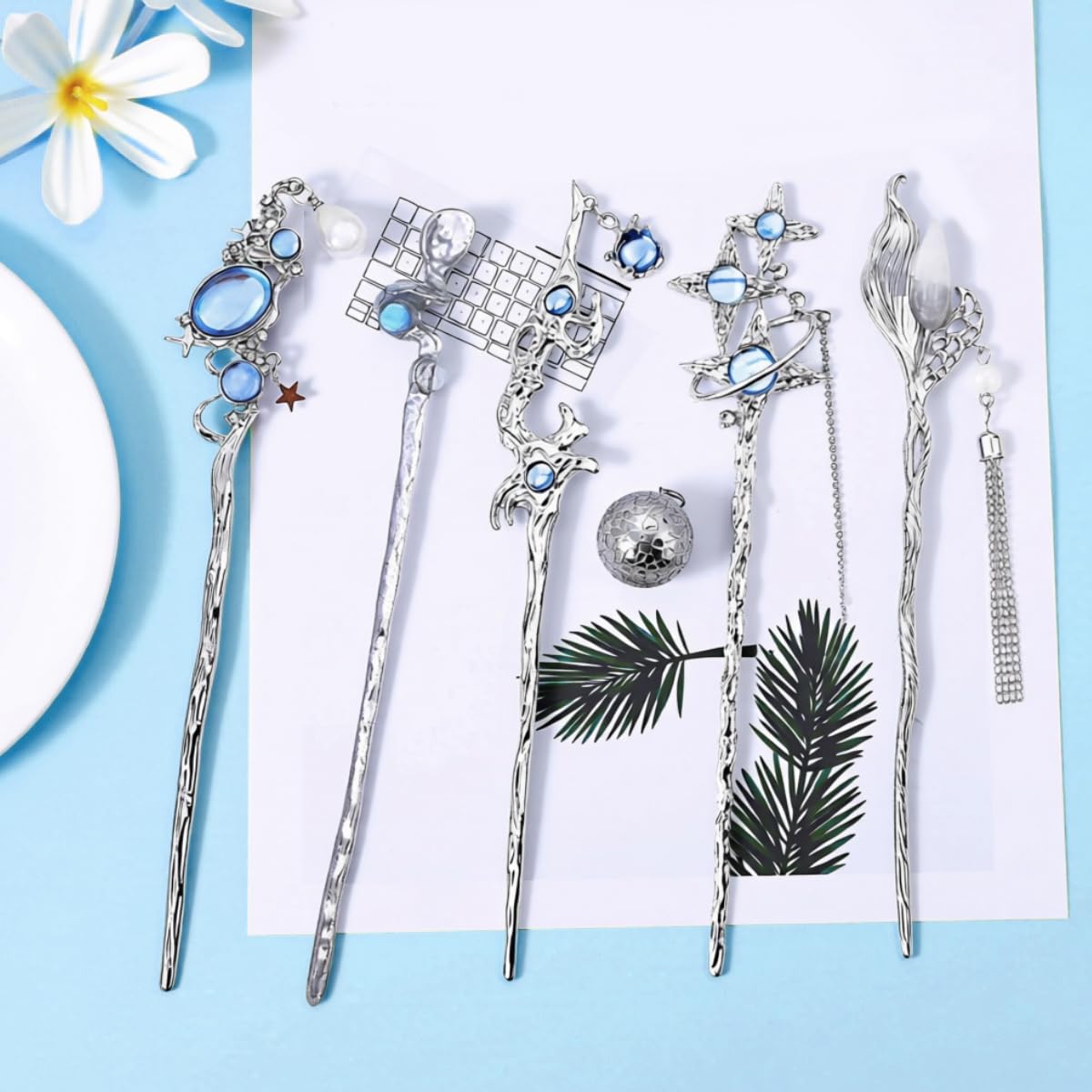 SANNIDHI Hair Sticks for Women featuring Star Motifs and Silver Metallic Alloy | Set of 5