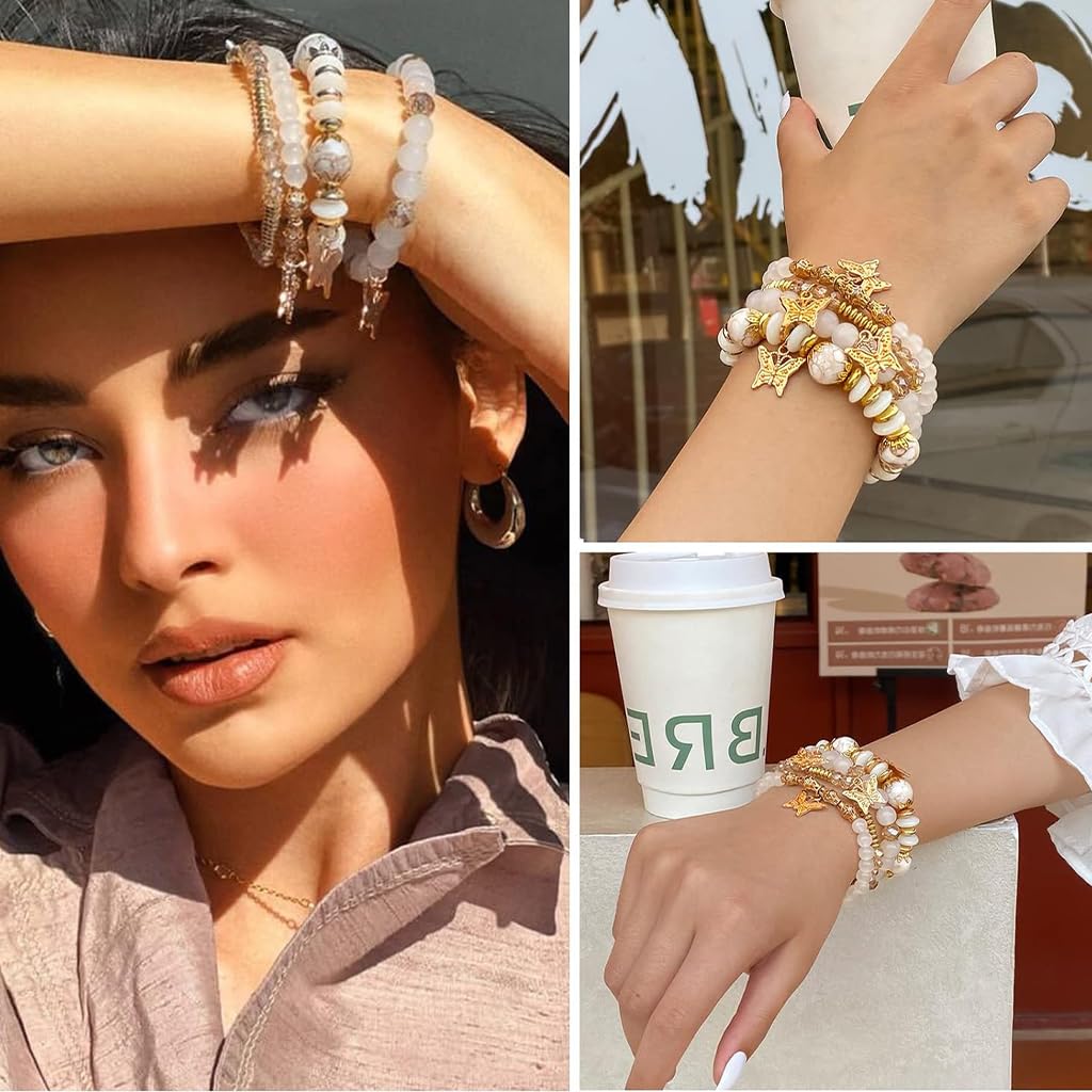 SANNIDHI 4Pcs Bohemian Butterfly Layered Bracelet Crystal Bracelet Stretchy Golden Beaded Bracelet Butterfly Bracelets for Women Girls Beaded Fashion Layered Beaded Bracelet Jewelry Gift for Girls