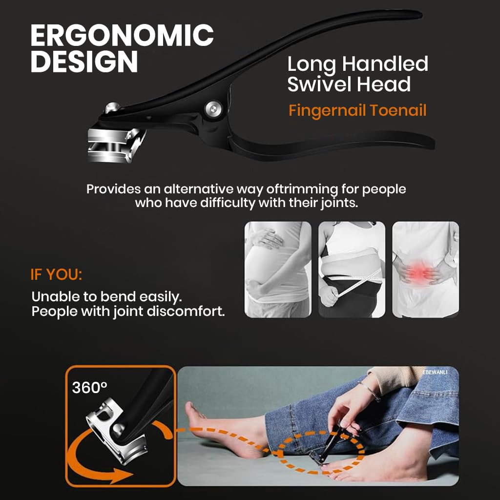 MAYCREATE Nail Clipper for Thick Nails with 360° Flexible Cutter and 4.5 in Long Handle | Stainless Steel Anti-Splash Blade