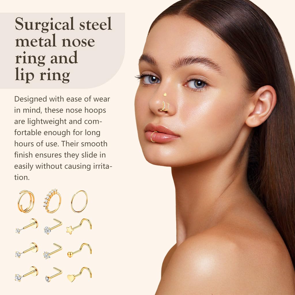 SANNIDHI Nose Rings for Women featuring Screw and L Shaped Design 12 Piece Set | Stainless Steel Hypoallergenic Jewelry