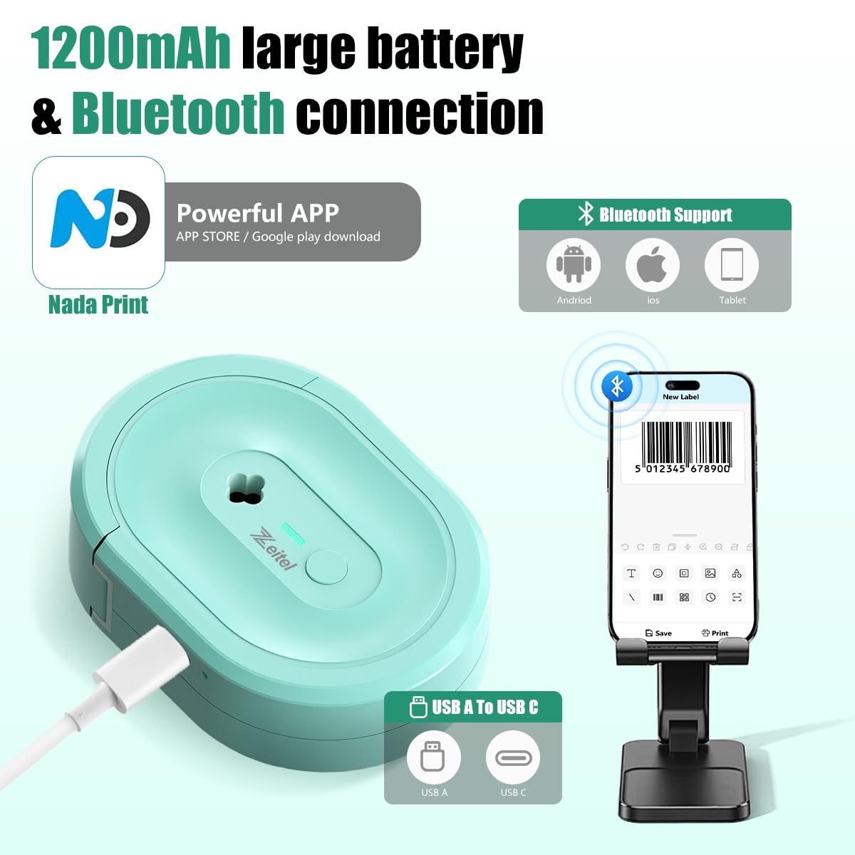 ZEITEL Portable Mini Label Printer for Home and Office with 203DPI Thermal Printing | Bluetooth Inkless Pocket Label Maker