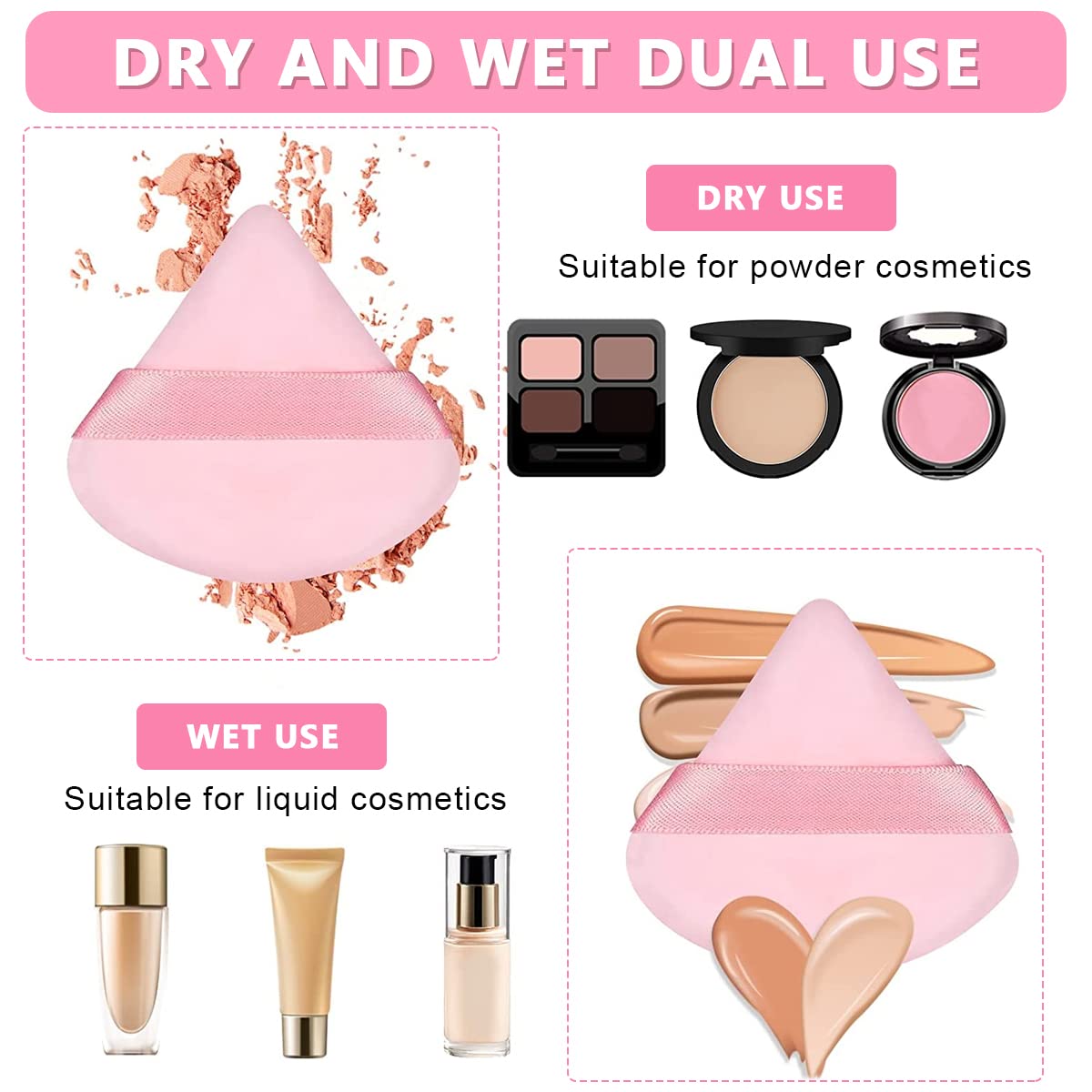 MAYCREATE Triangle Powder Puff for Dry and Wet Makeup featuring Dual Shape Design | 4 Pcs Cotton Set 7.2×7.0 cm