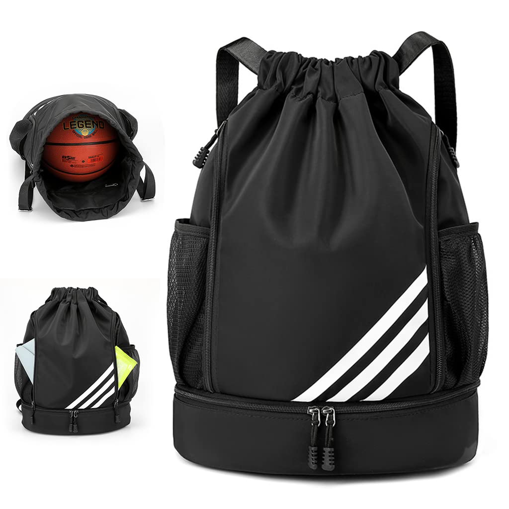 Optifit® Drawstring Bag for Teens Men Women Gym Sports with Shoe Compartment, Double Layer Large Capacity Waterproof Drawstring Backpack for Basketball Football Outdoor Sports