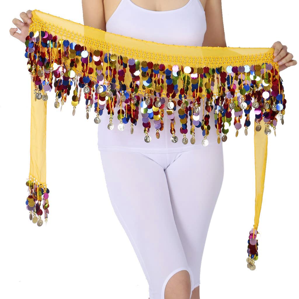 PALAY® Belly Dance Hip Scarf Waistband Belt Belly Dance Skirt Wrap with Colorful Bling Coins Fancy Belly Dance Costume Accessories for Women Girls Yellow