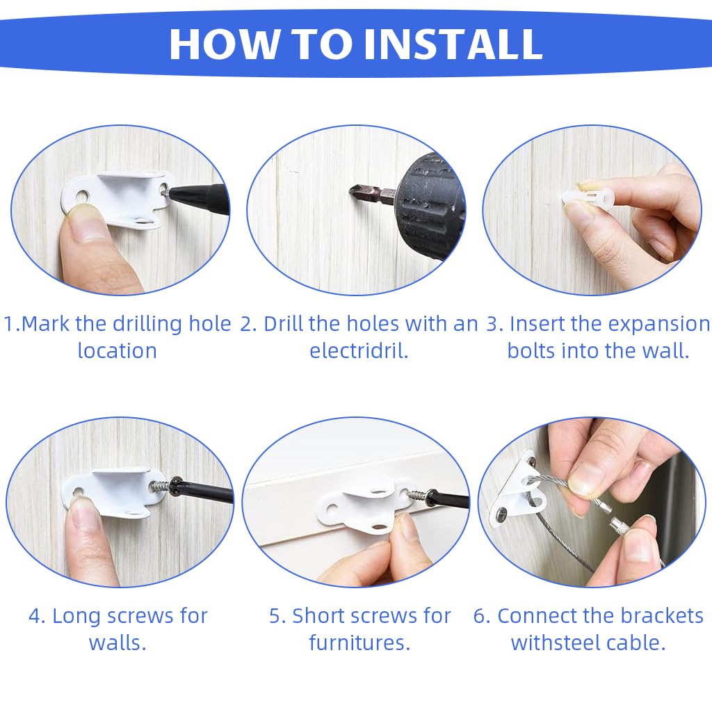 HASTHIP Furniture Anchor Kit for Child Safety with Steel Cable Lock and Wall Mount | 2Pcs Heavy Duty Steel Anchors for Bookshelves and Cabinets