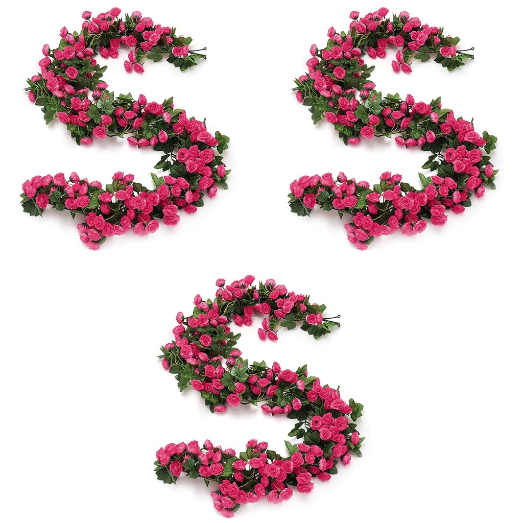 HASTHIP Plastic Artificial Rose Flowers Vine Garland 1.8M for Door Room Garden Wedding | Rose Red 3PCS