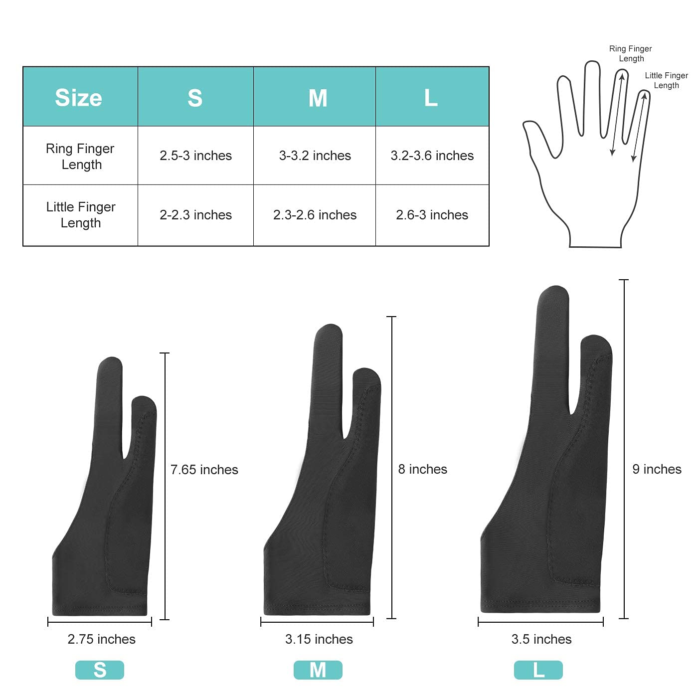 Digital Drawing Gloves Two Finger Artist Glove for Tablet Use with 7.5×19 cm Lycra Fit | Works with Wacom Huion XP‑Pen and iPad