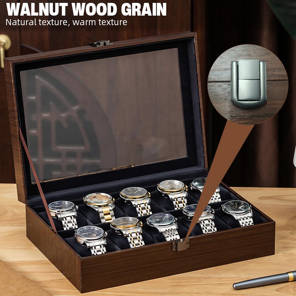 SANNIDHI Wrist Watch Organizer Box for 10 Watches with Clear Window and Velvet Liner | Wooden Display Holder 28.3x20.2x7.7cm