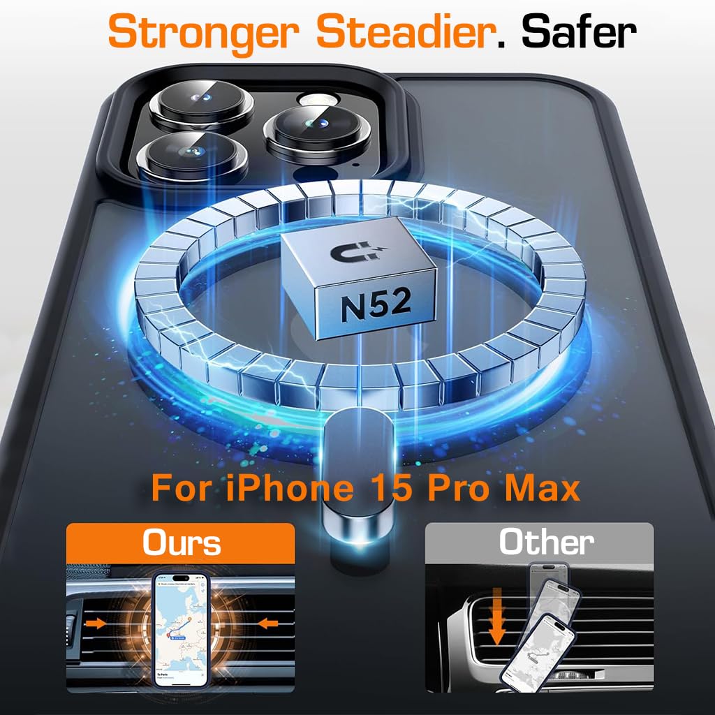 ZORBES Phone Case for iPhone 15 Pro Max 6.7 inch with MagSafe Magnet and Metal Button Cover | Black Rubber Frame Full Protection