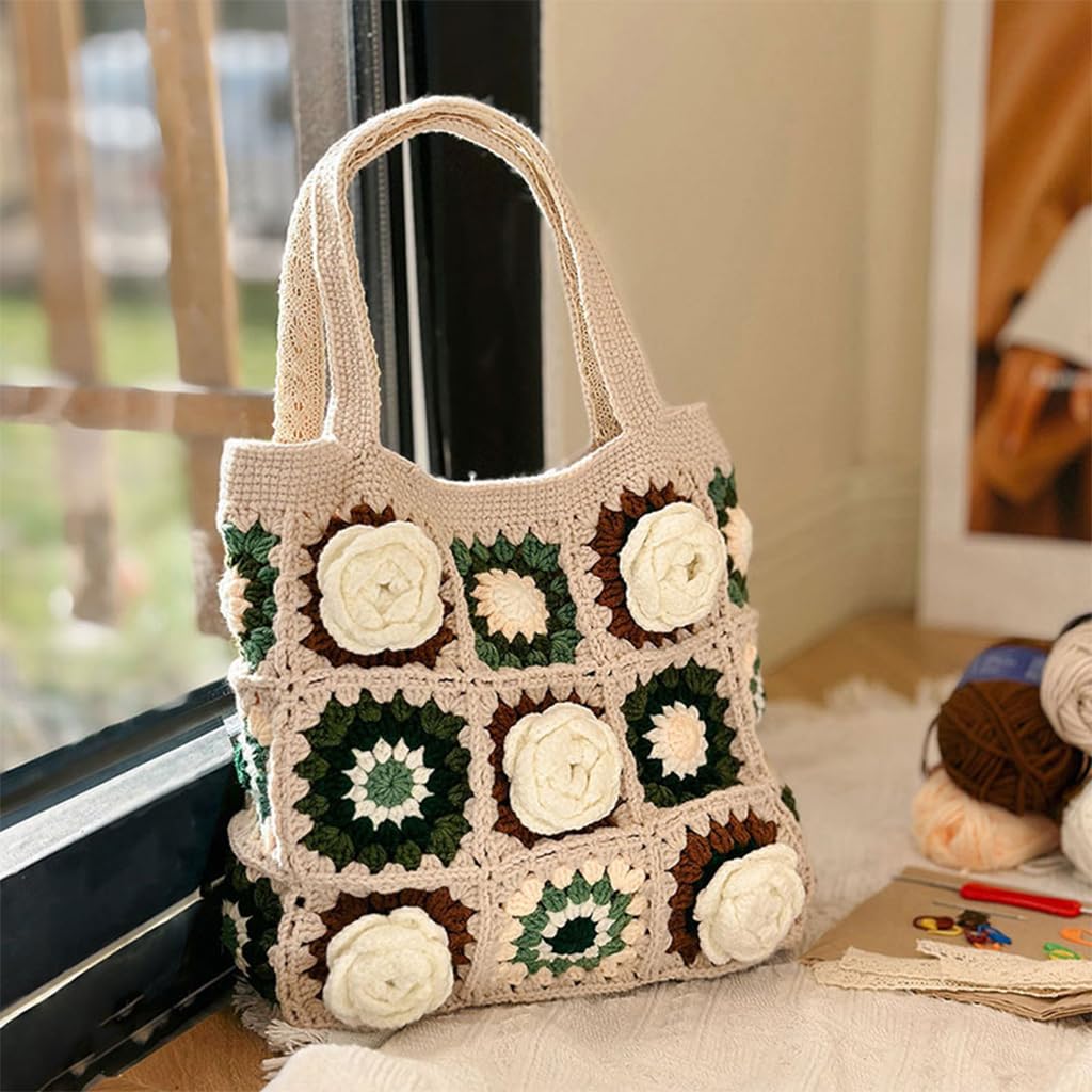 HASTHIP® DIY Camellia Crochet Bag Material Kit with Magnetic Buckle Crochet Handbag Tote Camellia Pattern Handbag Material Kit with Yarn, Crochet Hooks, Lining Pouch, Step by Step Tutorial, 28x25cm