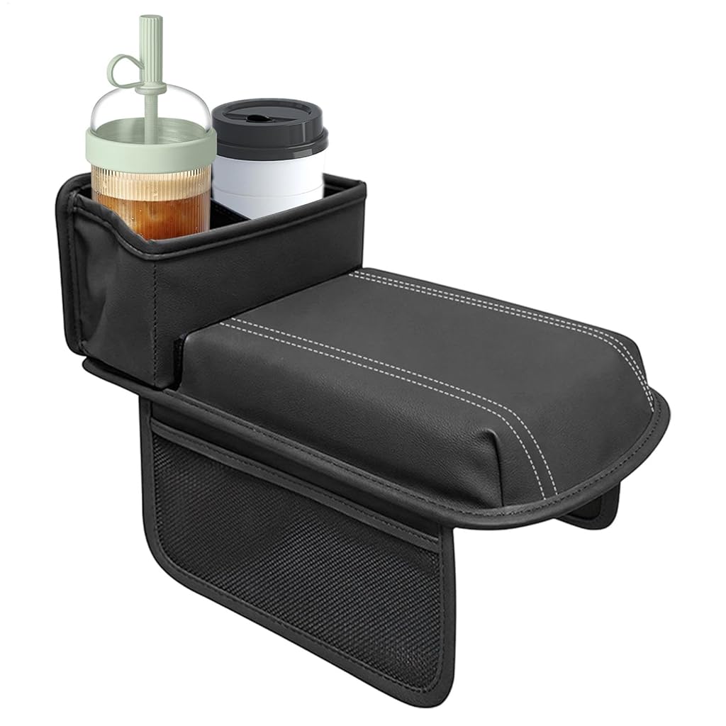 STHIRA® Car Armrest for Center Console Memory Foam Padded Car Armrest Multifunctional Car Armrest Organizer with Dual Cup Holder & Side Mesh Pockets Hook and Loop Closure Car Armrest