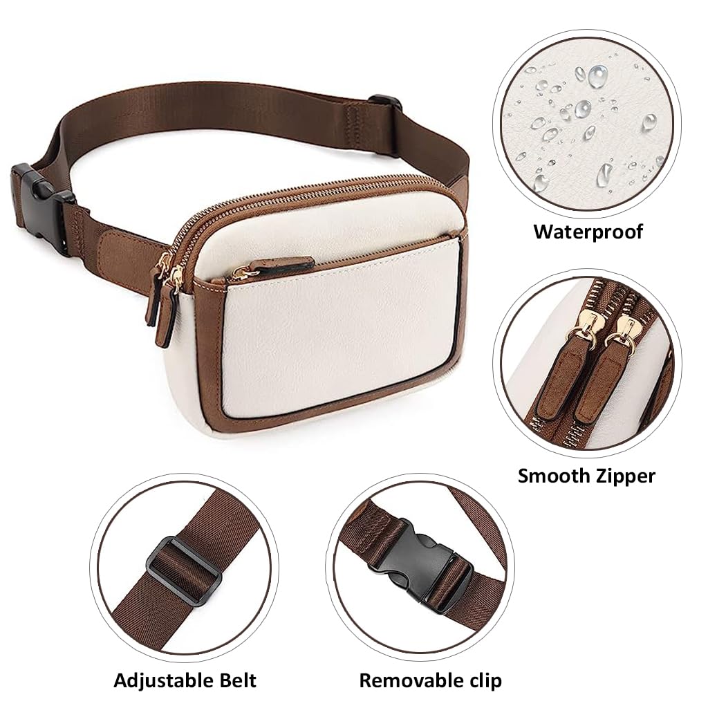 Venzina Waist Bag for Women with 3 Zipper Pockets 7.87×5.7×2.16 in Adjustable Belt | Beige PU Crossbody