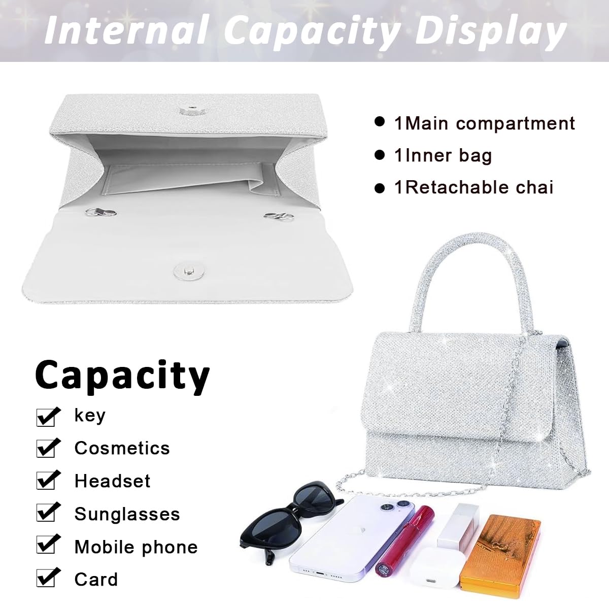 PALAY Clutch for Women with Detachable Chain Top Handle in Sparkling Silver PVC | 7.95x2x5.3 in Evening Tote