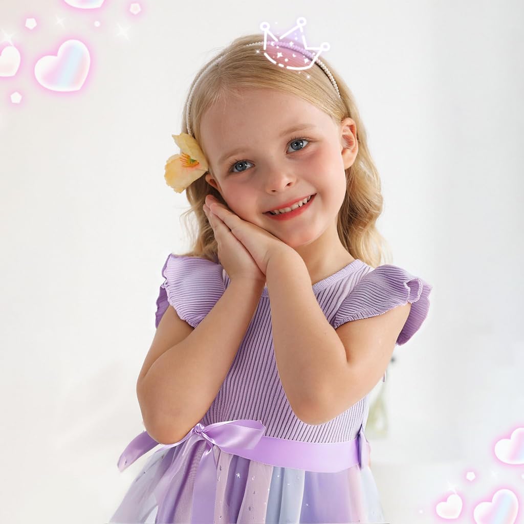 SANNIDHI Girls Lace Frock for Birthday Parties featuring Rainbow Tulle Skirt and Satin Bow | Purple 5-6Y