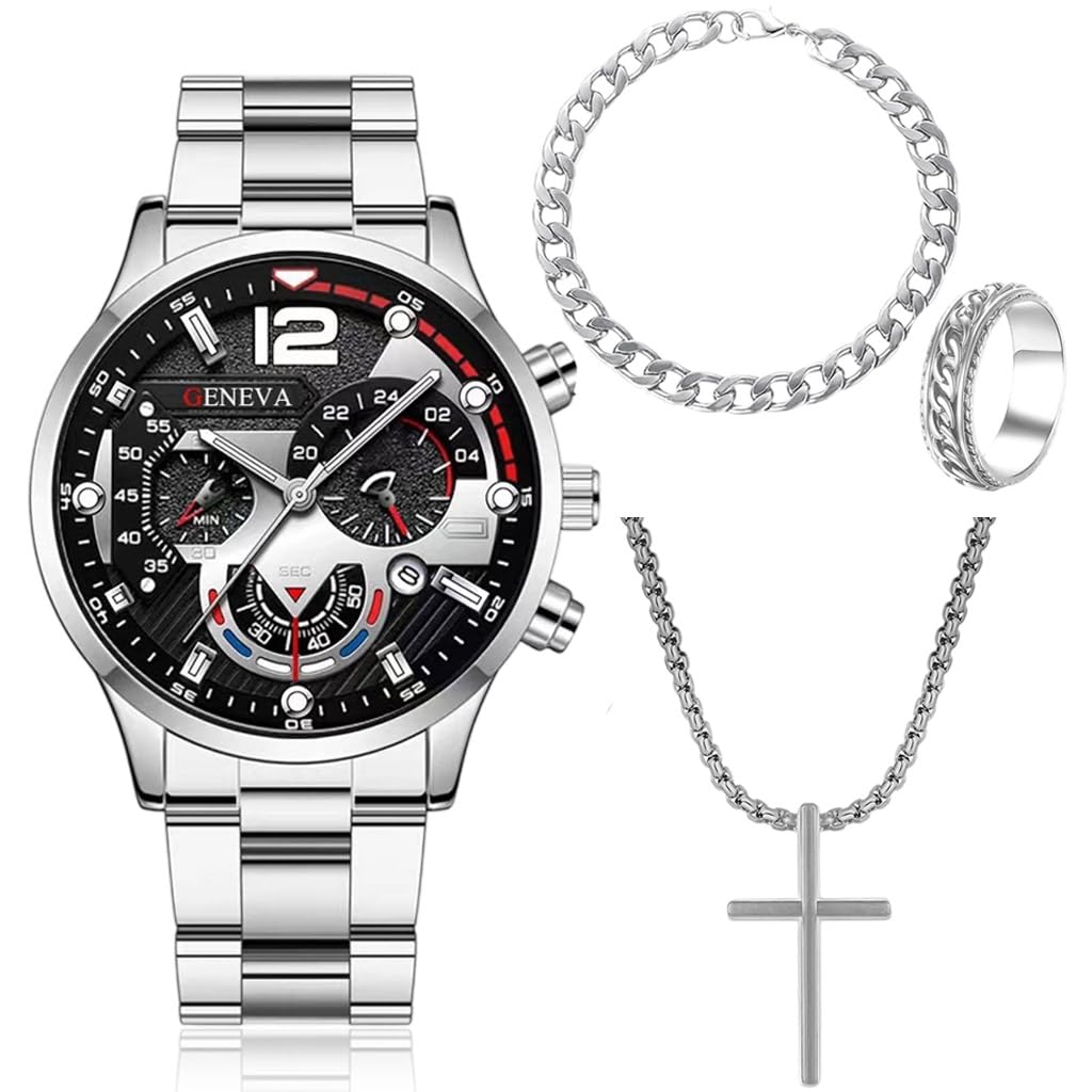 Proberos Watch Bracelet Set for Men with Cross Pendant and Cuban Chain | Alloy Steel Jewelry