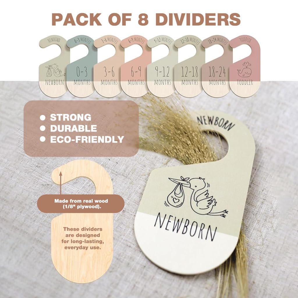 SNOWIE SOFT Baby Closet Dividers for Nursery Organization featuring Smooth Wooden Cartoon Design | 8pcs Hanging Size Markers for Newborn to 24 Months