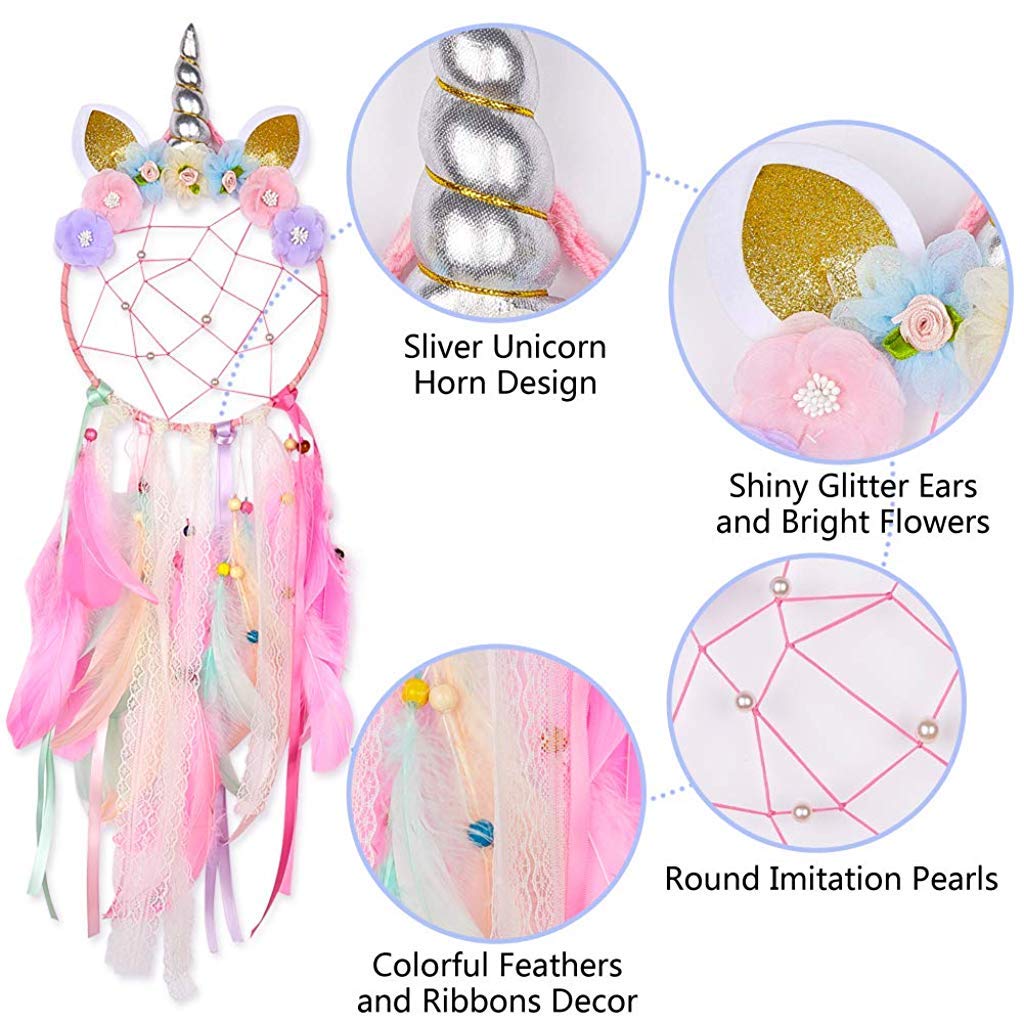 HASTHIP Dream Catcher for Home Decoration with Unicorn Design and Shiny Pearls Net | Pink Handmade Cotton Thread Feathers