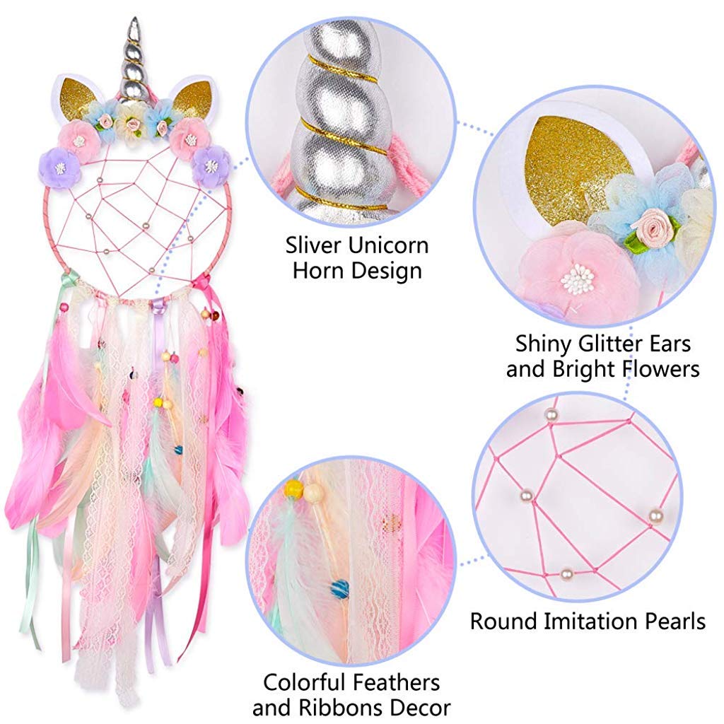 Supvox® Cotton Thread, Shiny Pearls Net Unicorn Dream Catcher Colourful Feather Handmade Dream Catchers (Pink)