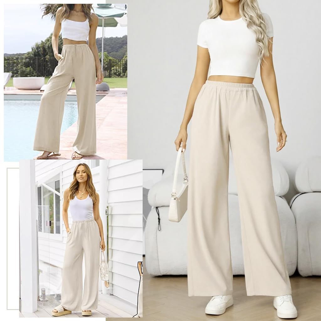 SANNIDHI Women High Waisted Wide Leg Pants for Summer with Elastic Waist and Flowing Tuck Design | Elegant Beige Palazzo Trousers