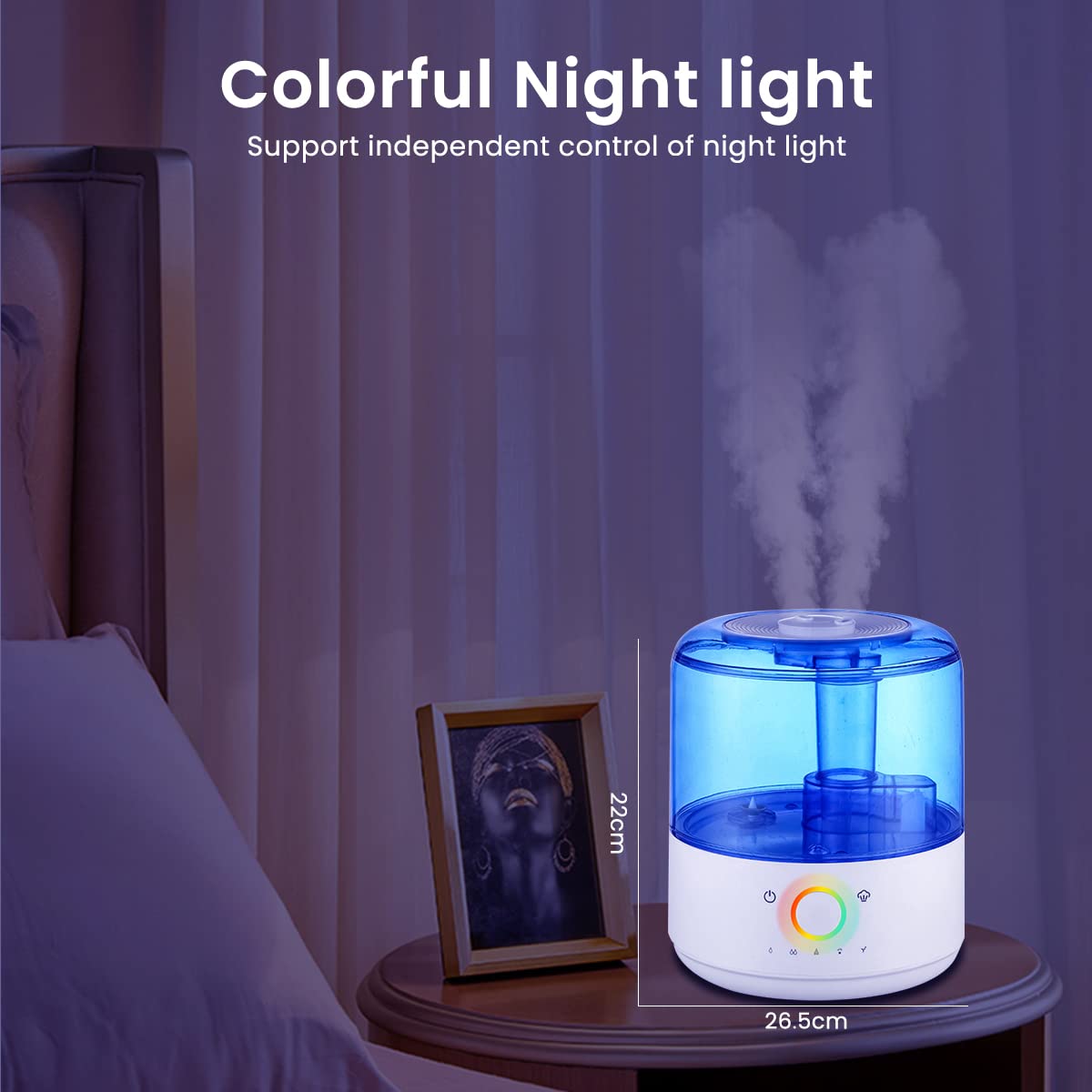 HANNEA® 3L Cool Mist Humidifier, Touch Button, for Bedroom, Home, Office and Plants, 28dB Low Sound Quiet Ultrasonic Humidifier, Easy to Clean Home Humidifier,Auto Shut Off