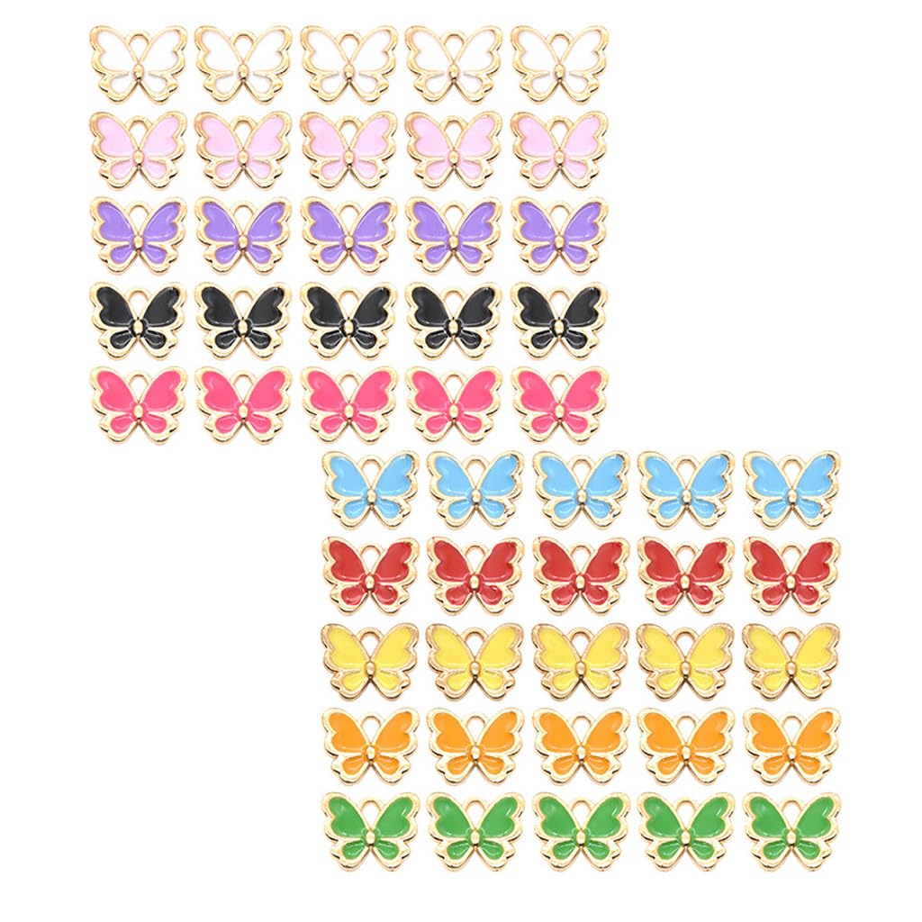 MAYCREATE® 50pcs Color Butterfly Charms for Jewelry Making Enamel Butterfly Pendant Gold Plated DIY Butterfly Charm Necklace Bracelets Pendent Kit for Bracelet Jewelry Making and Crafting