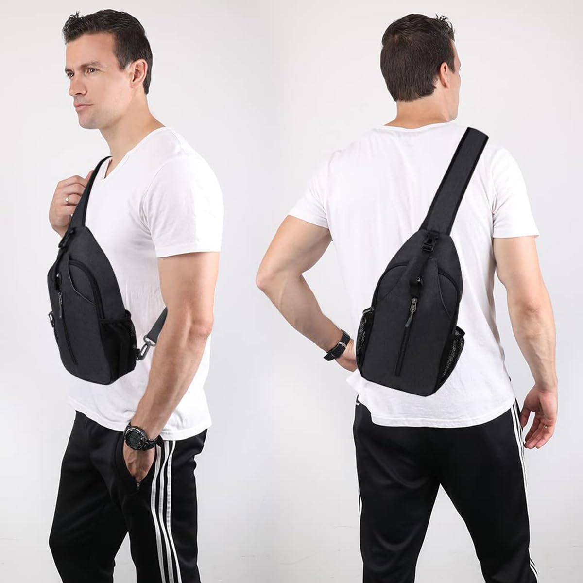 GUSTAVE Sling Bag for Men with 3 D-Rings Adjustable Strap and 15 in Compact Design | Sleek Black Crossbody for Travel