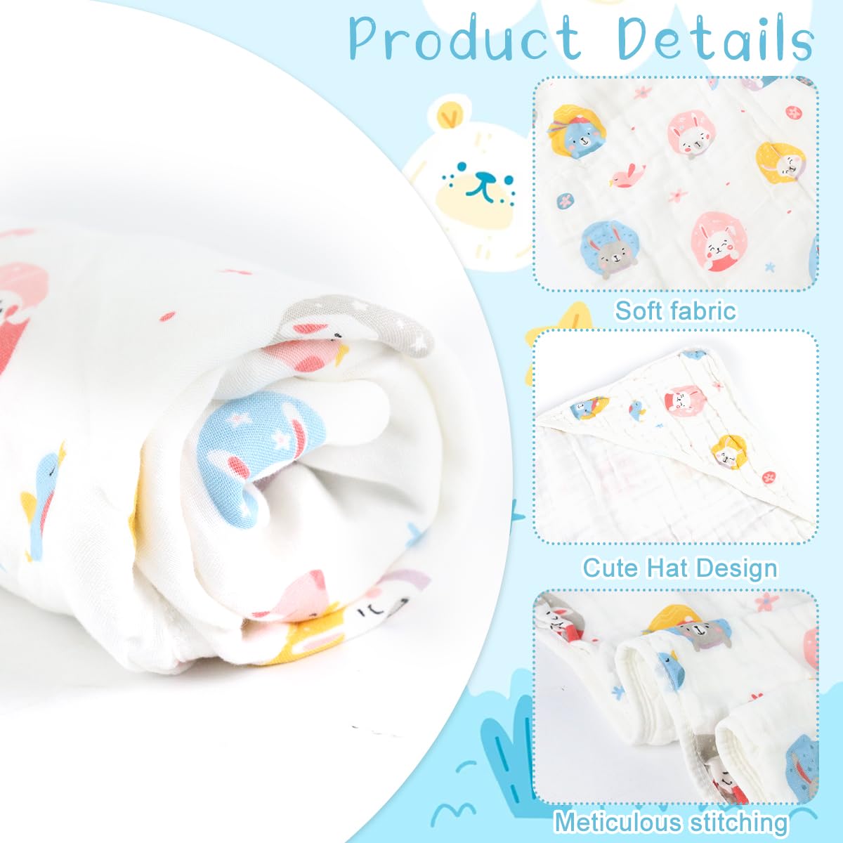SNOWIE SOFT Muslin Towel for Newborn Bath Time with Adorable Cartoon Design 90x90cm | Ultra Soft Cotton Swaddle for Boys and Girls