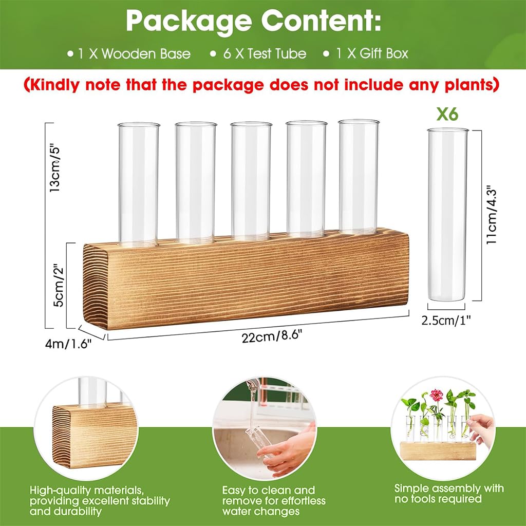 HASTHIP Glass Hydroponic Planters for Indoor Decor with Wooden Stand & 6 Tubes | Ideal Gift