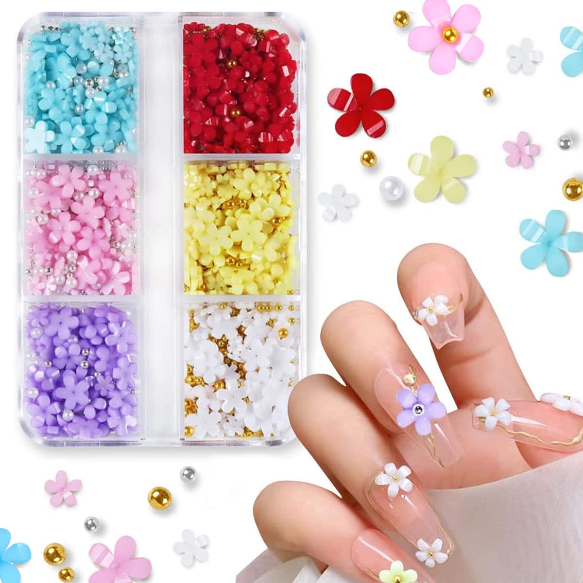 MAYCREATE 3D Resin Flower Nail Charms for DIY Nail Art with Golden Beads and 6 Colors | Acrylic Decal Set 3mm 6mm Mix