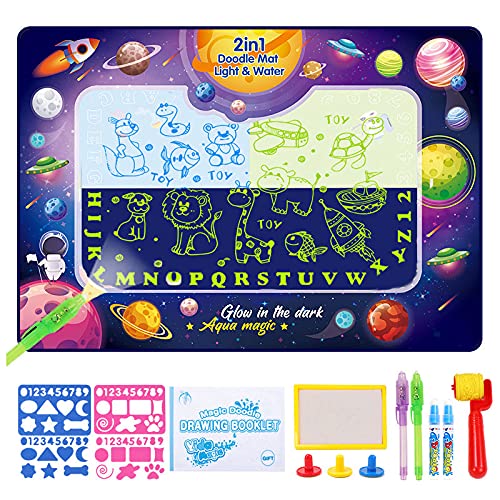 SNOWIE SOFT® 2-in-1 Water Doodle Mat Luminous Large Water Drawing Mat Educational & Development Reusable Painting Writing Kits Toys for 2-8 Years Old Kids Boys Girls Gift (Multi 1)