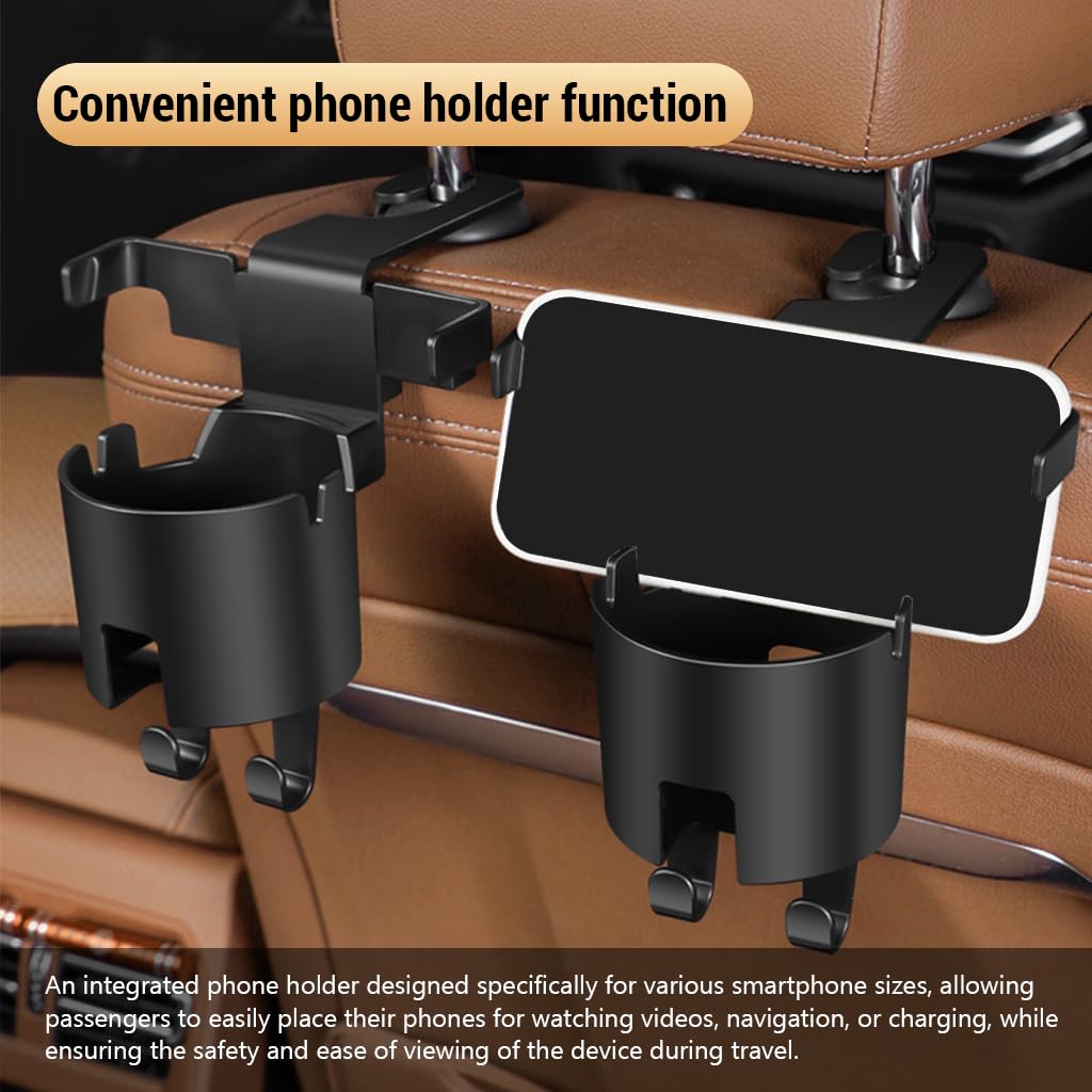 STHIRA Cup Holder for Car Headrest Posts with Dual Hooks and Phone Holder | 3 in 1 Backseat Organizer