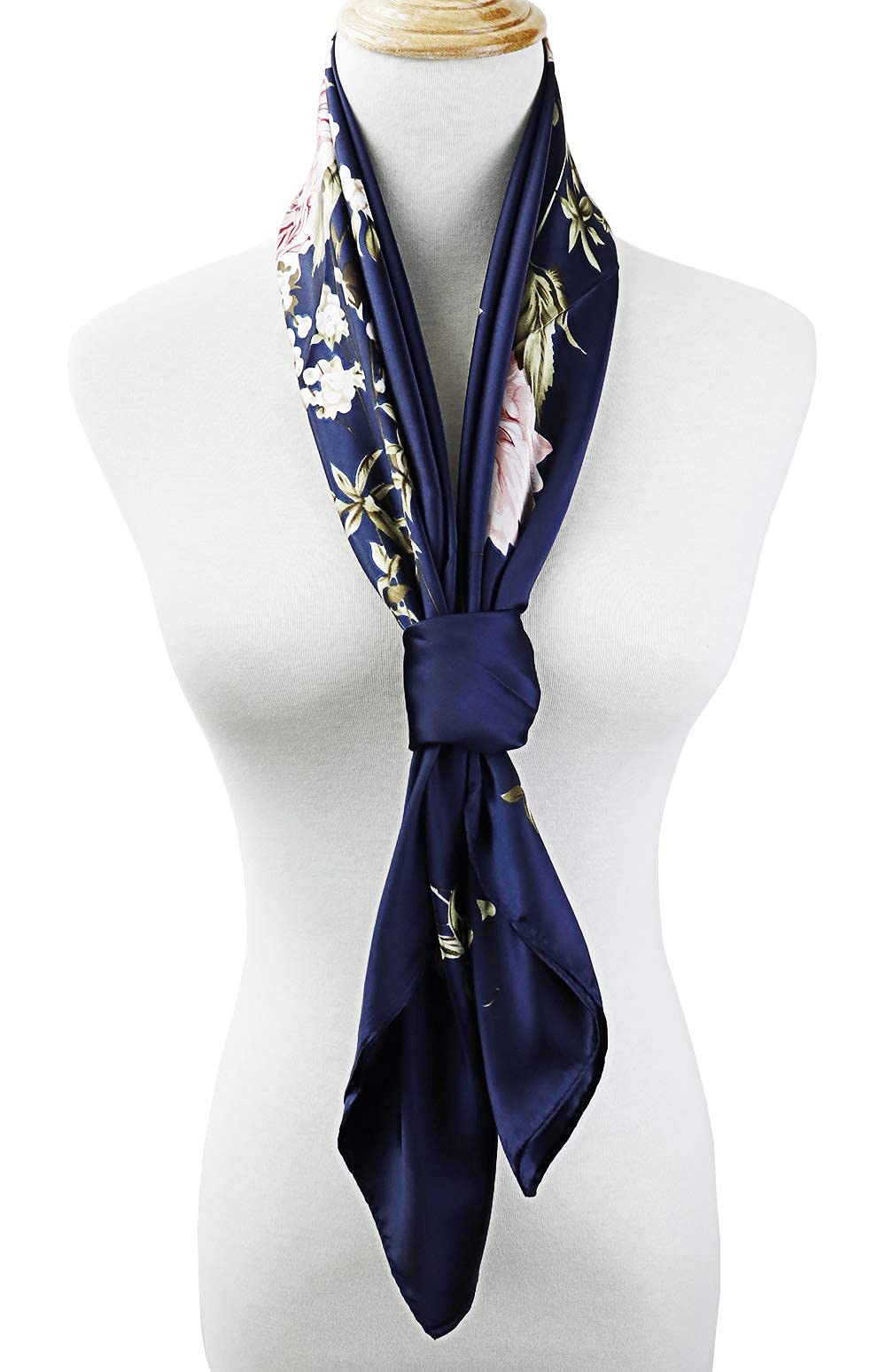 PALAY Women Satin Silk-Feel Scarf 35x35 for Hair and Head Wrap | Jacquard Print Navy Blue