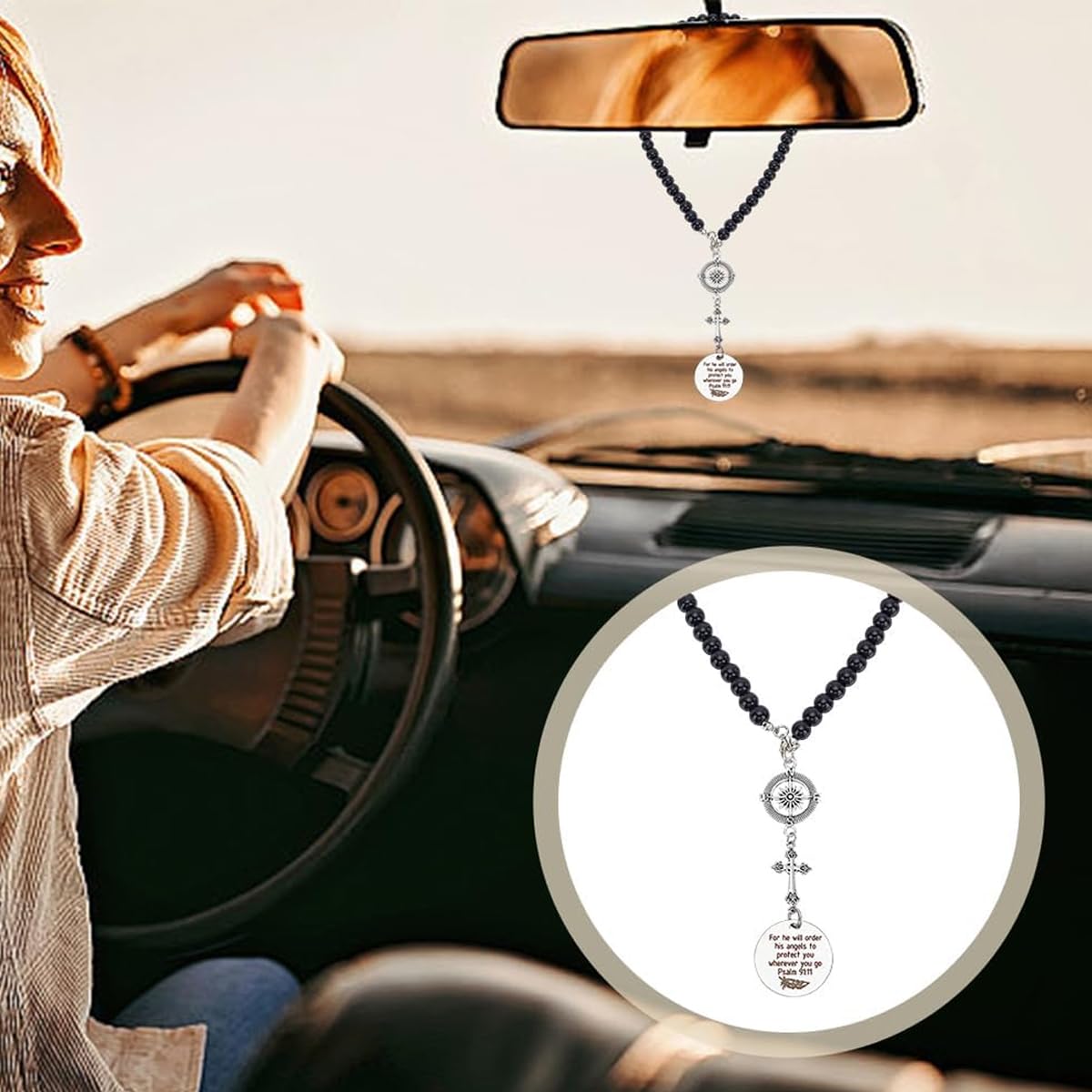 STHIRA Guardian Angel Cross Car Mirror Charm with Psalm Verse Beads and Compass Pendant 2PCS