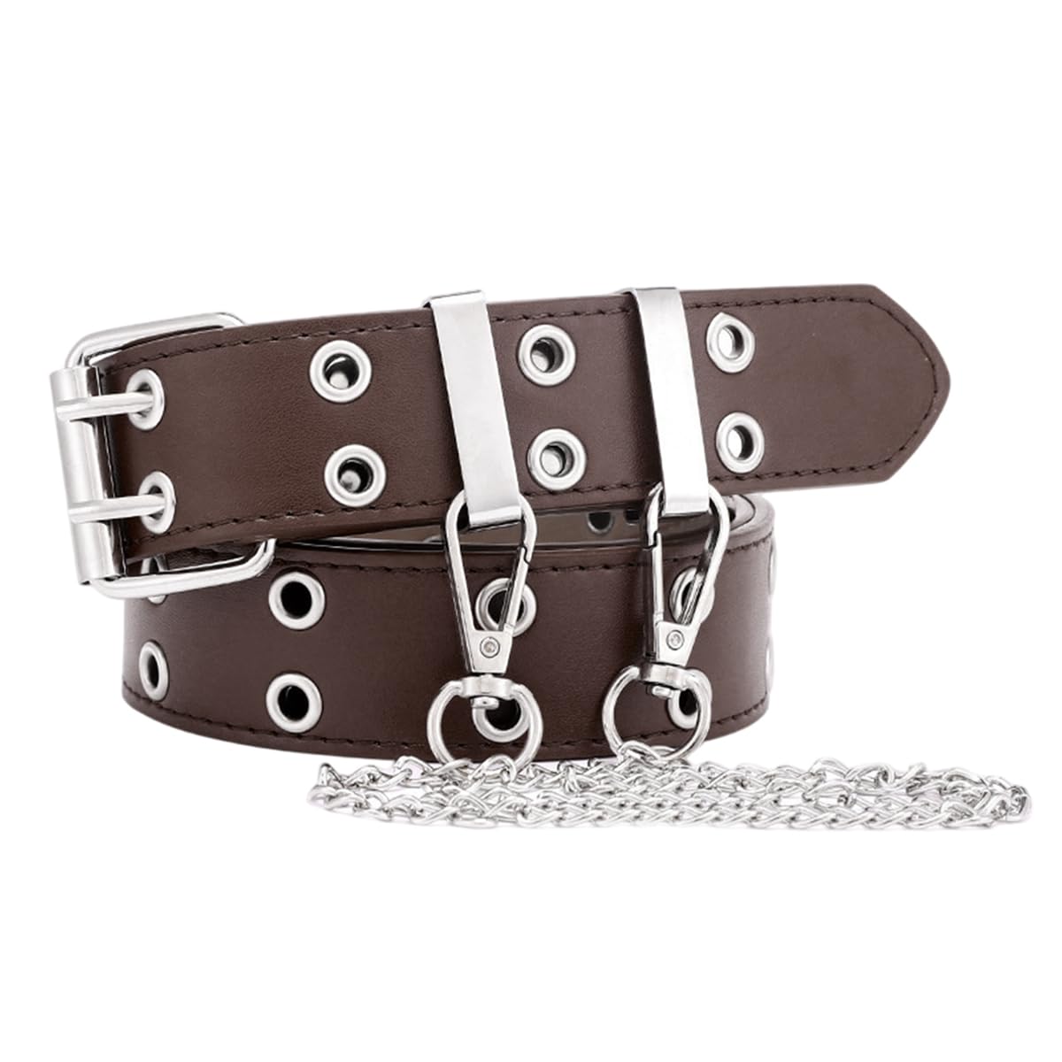 SANNIDHI Belt for Women Dresses with Dual Row Metal Eyelets and Chain Brown PU Leather | Fits Up to 110 cm