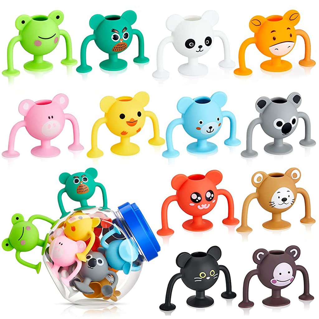 PATPAT® Suction Toys for Baby, 12 Pcs Cartoon Silicone Animal Suction Toys Stress Toys Set Building Blocks for Baby High Chair Parent Interactive Game Travel Toy Bath Toys for Kids 3 4 5 6 7 8 Years