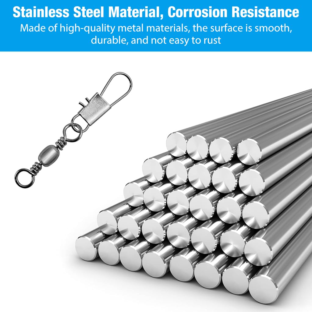 Proberos Fishing Rolling Ball Bearing Barrel Swivel with Safety Snap Connector 100PCS Set | Corrosion Resistant Accessories in 5 Sizes