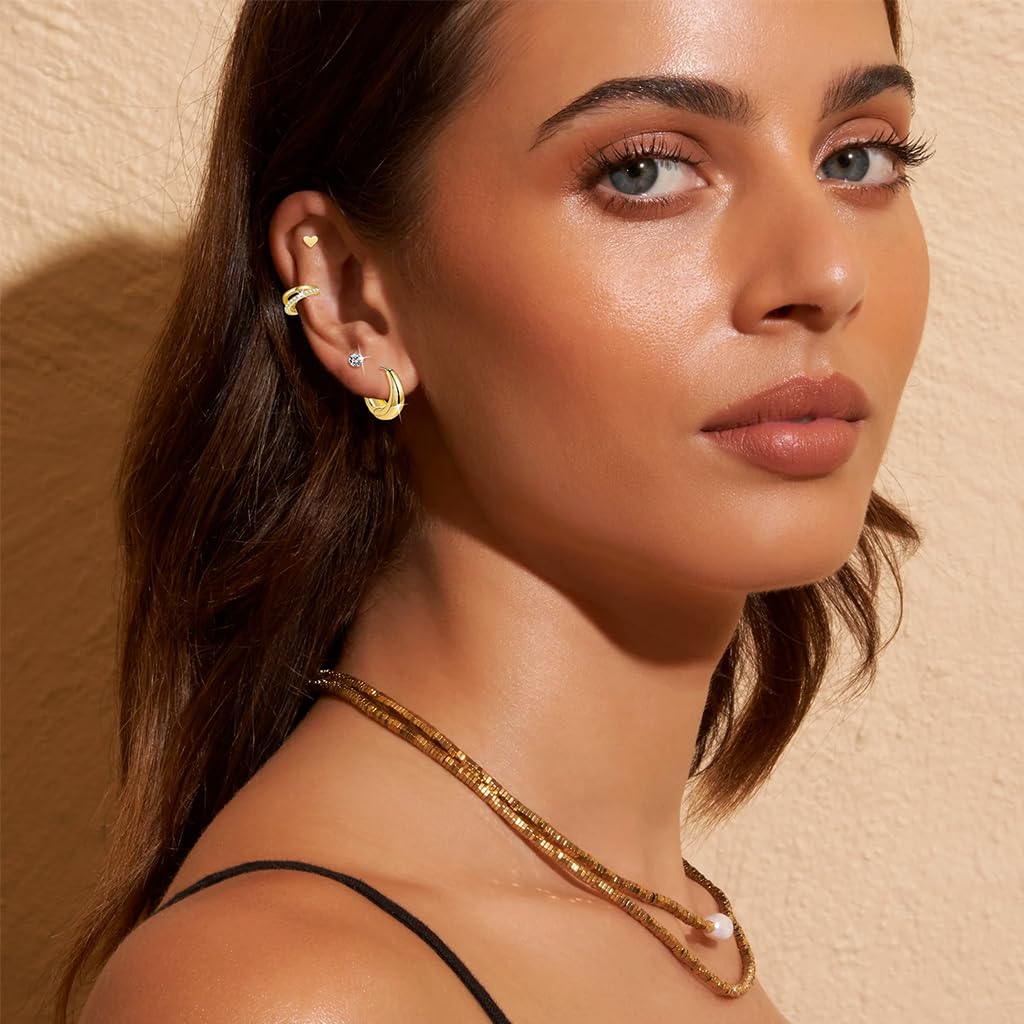 SANNIDHI Earrings Set for Women with Rhinestone Studs and Gold Hearts | 6 Pairs Stainless Steel Hypoallergenic Jewelry