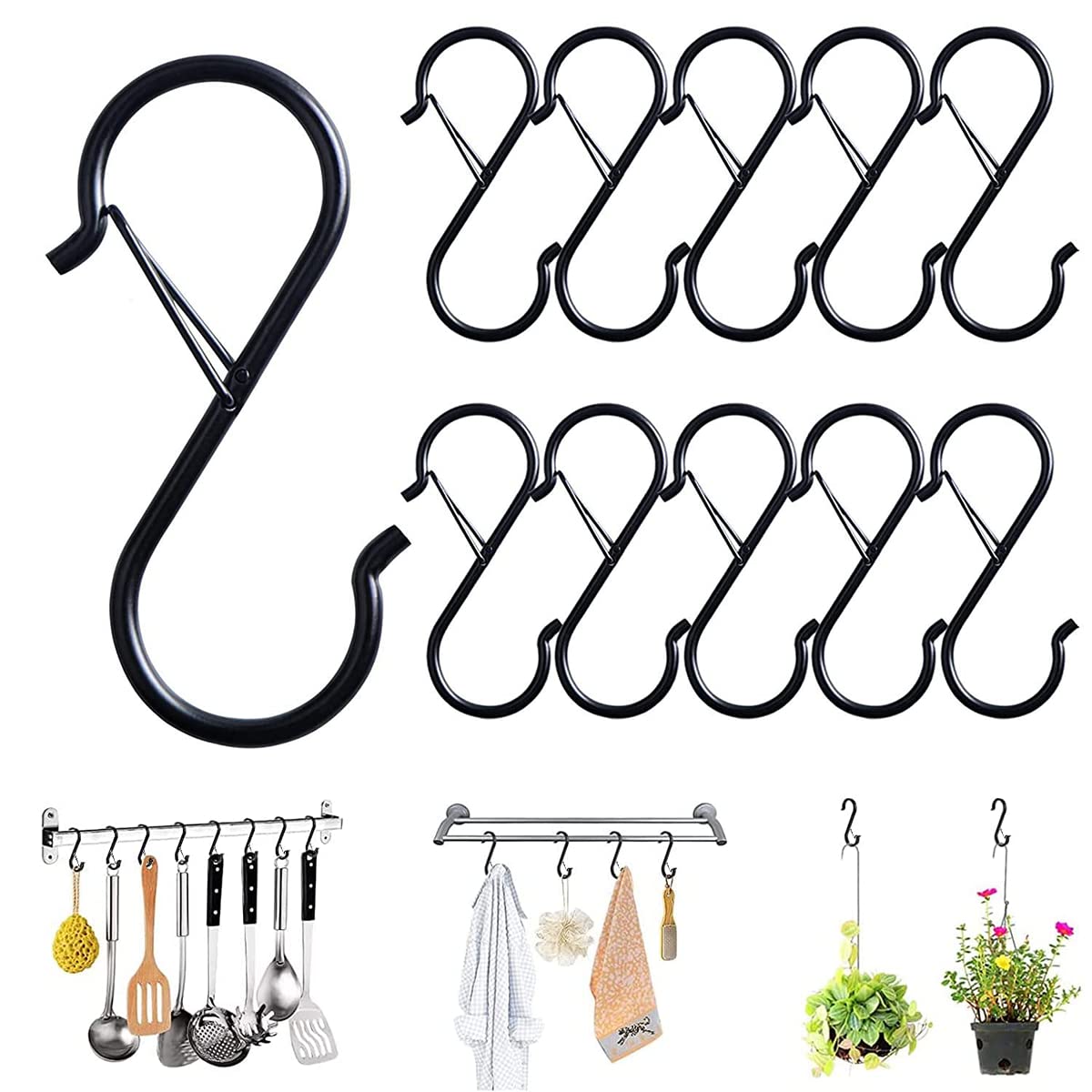 HASTHIP S Shaped Hooks for Kitchen and Closet with Press to Open Buckle Clip 10pcs 3.5 in | Black Metal Hanging Hooks for Plants Pots and Bags
