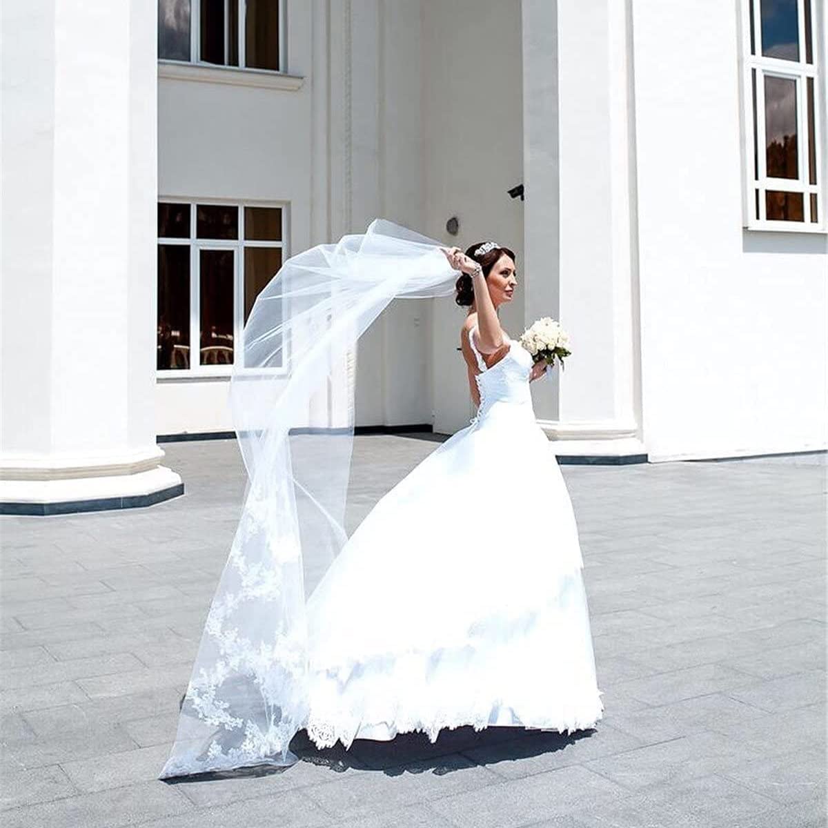 PALAY Bridal Veil for Wedding Bride with 3 m Lace Edge Tulle | White Polyester Accessory
