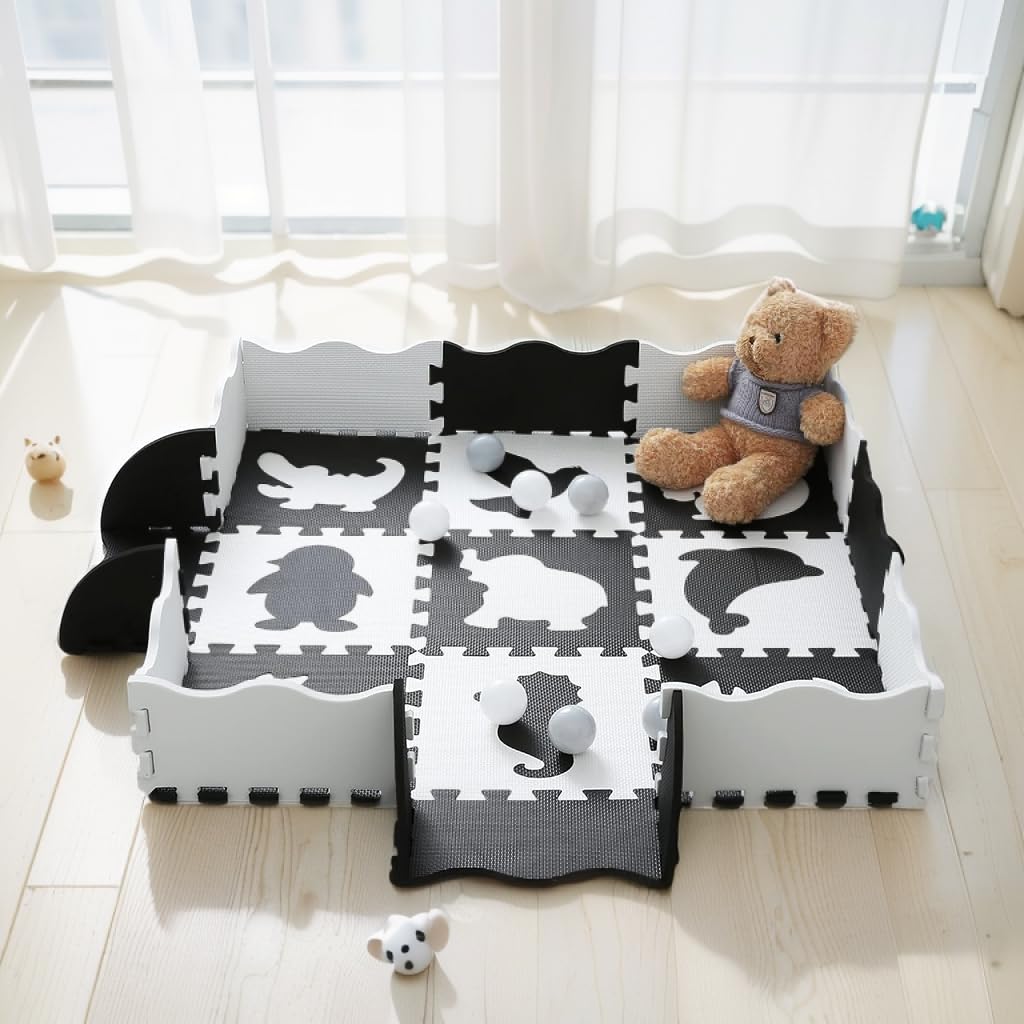 SNOWIE SOFT Baby Play Puzzle Mats for Toddlers with 25 Foam Pieces and Animal Shapes | EVA Black and White Sensory Floor Set 44.8 inches