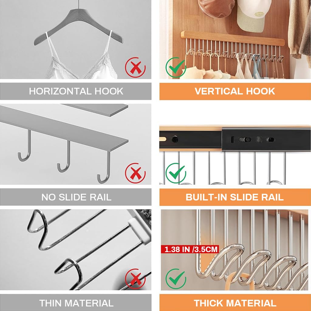 HASTHIP Belt Organiser for Wardrobe with 12 U Shaped Hooks 41x8cm Wooden Pull Out Hanger | 3PCS Set