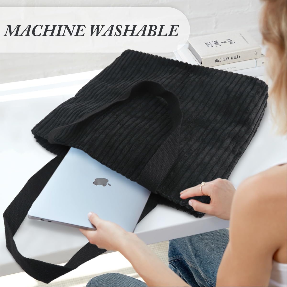 ZIBUYU® Corduroy Tote Bag for Women Fashion Black Casual Shoulder Bag Hand Bag with Zipper Nylon Webbing Shoulder Straps Design Book Bag Grocery Bag Versatile Daily Item Bag, 37x10x34cm