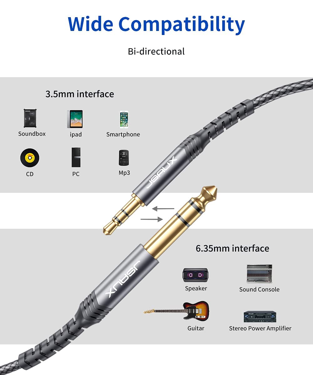 JSAUX 3.5mm to 6.35mm Stereo Audio Cable 3.9ft for Guitar and Speaker | 3PCS TRS Jack