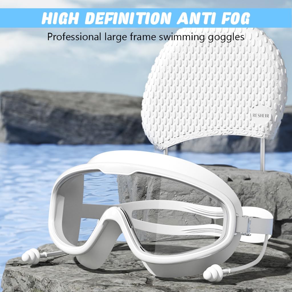 Proberos® Swimming Set with UV and Anti Fog Protection Goggles, Swim Cap, Earplug and Nose Plug Set, Anti-fog Diving Goggles Swimming Goggles for Surfing, Kayaking, White