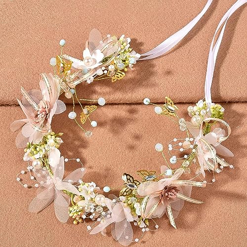 SANNIDHI® Flower Crown for Girls Princess Tiara for Girls Kids Wedding Bridal Floral Hair Band for Women Handmade Pearl Crown Headpiece Dress Up Hairband for Birthday Party First Communion Gift