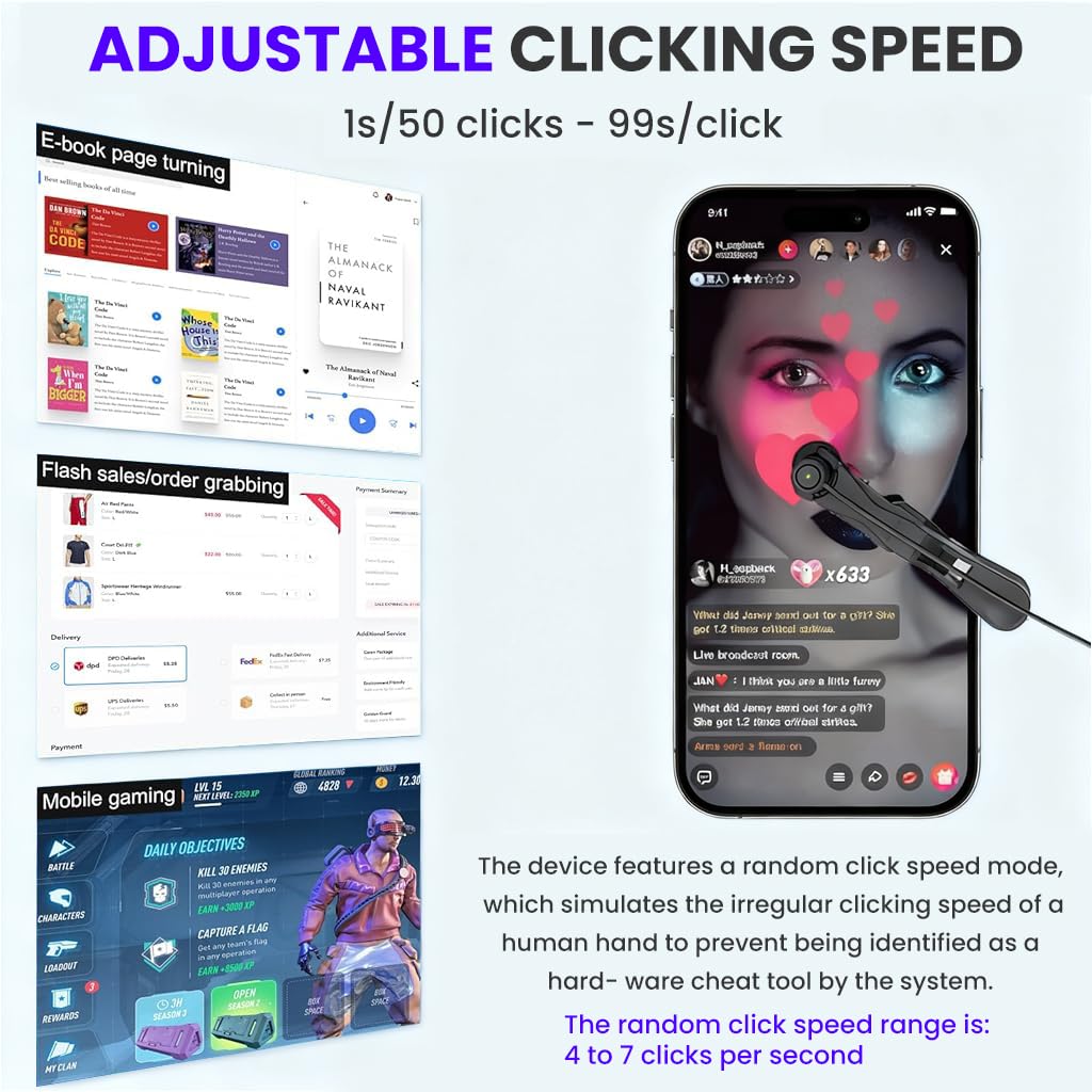 Verilux USB Auto Clicker for Phones and Tablets with Adjustable Speed up to 50 cps | Plug and Go Controller