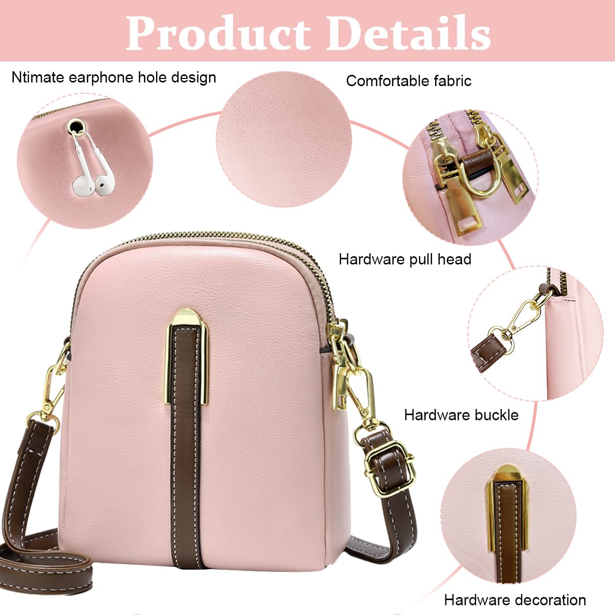 PALAY® Sling Bag Stylish PU Women Crossbody Bag Phone Bag Double Layer Daily Bag with Detachable Shoulder Belt Casual Shoulder Bag with Zipper Pouches Gift for Women, Pink