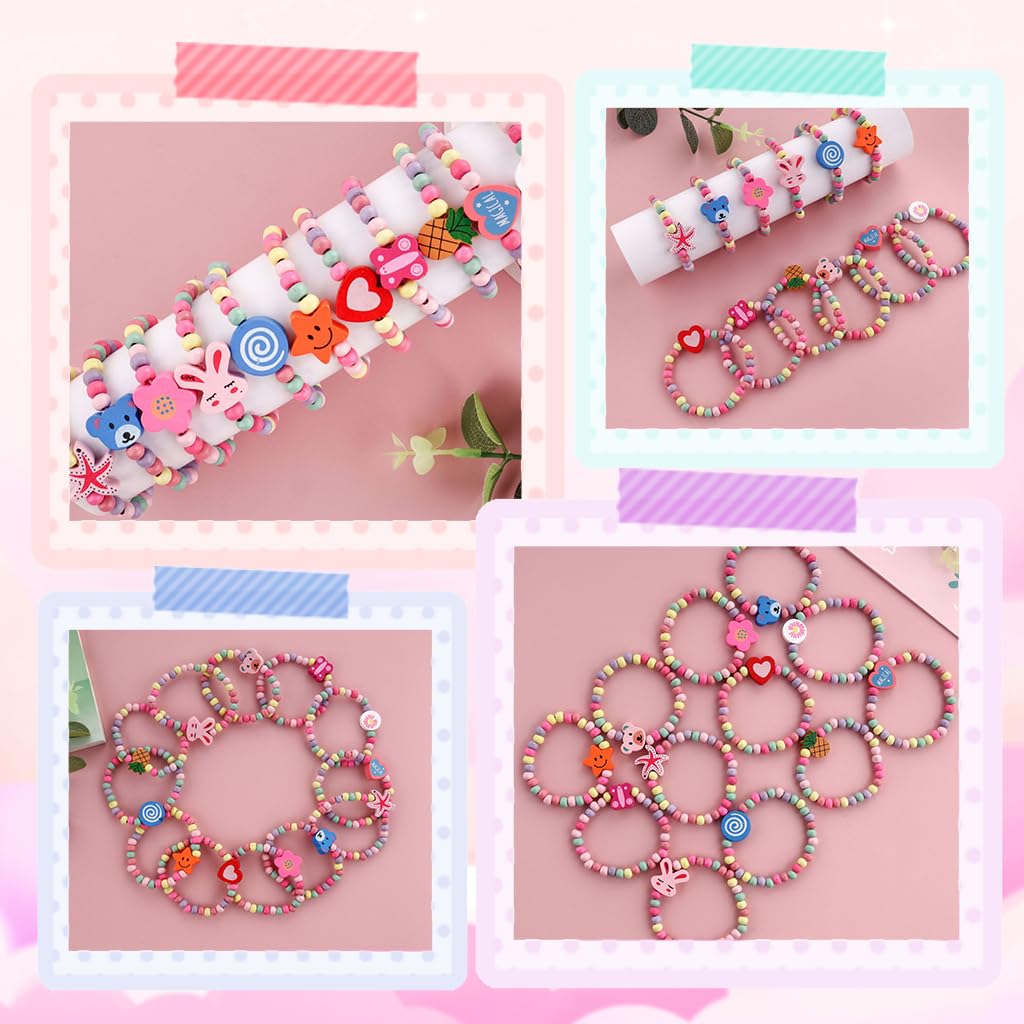 PALAY Bracelets Set for Girls featuring 12Pcs Elastic Wooden Beads | Cute Cartoon Design