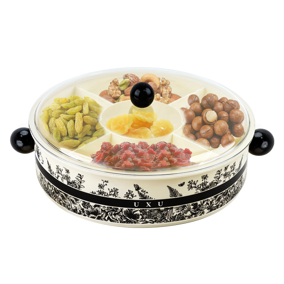 Supvox Dry Fruit Container 13 inches Round Snack Serving Tray with Lid 5 Compartments Design Elergant Kitchen Party Organizer Food Serving Tray for Deli, Snacks, Nuts, Tea Bag