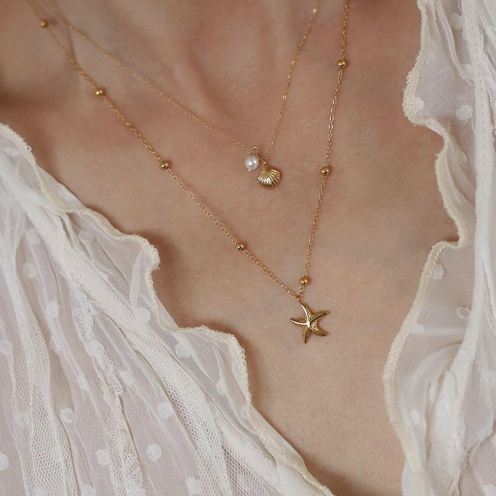 SANNIDHI Necklace for Women featuring Dual Layer Chains with Starfish and Seashell Pendants | Golden Titanium Steel Beach Jewelry